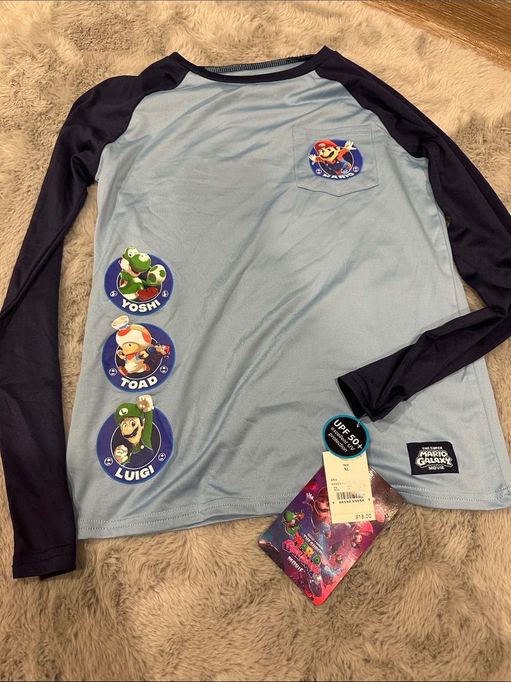 Super Mario Galaxy Light Blue & Navy Long Sleeve Rash Guard XL kids